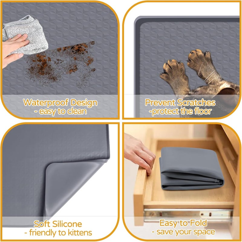 Lanstics حصيرة طعام القطط، 51" × 26" حصيرة طعام سيليكون كبيرة مع حافة مرتفعة، حصيرة تغذية غير قابلة للانزلاق للحيوانات الأليفة لوعاء الطعام والماء، سهلة التنظيف، حماية الأرضيات (رمادي) - Image 3